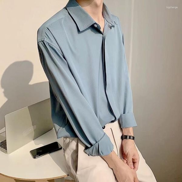 Camisas casuais masculinas 2023 Moda Coreana Primavera Lago Azul Masculino Luxo Manga Comprida Drape Solto Ice Silk Button Up Shirt Blusa