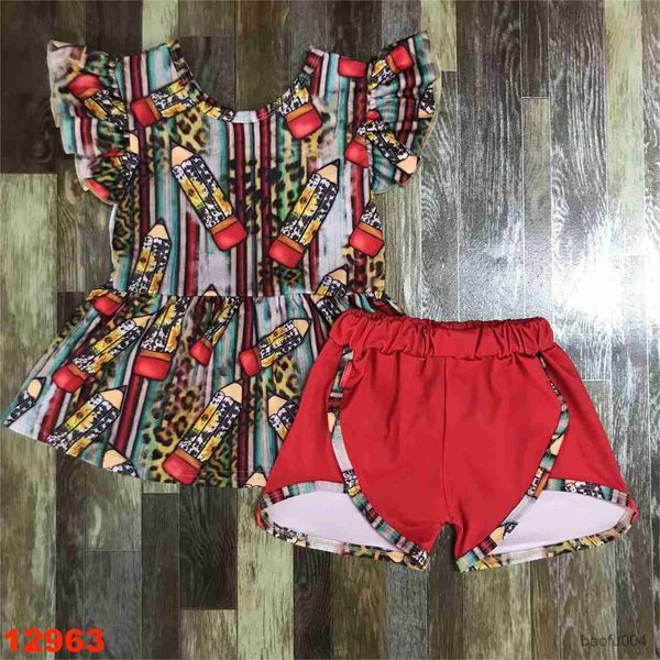 Conjuntos de roupas Roupa de volta às aulas 0-16 anos Crianças Meninas Roupas Maçã Lápis Bordado Listras Pontos Shorts Conjunto Bebê Crianças Roupas Babados R230718