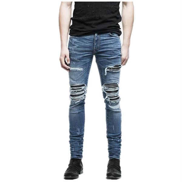 Erkekler Moda Marka Tasarımcısı Yırtık Biker Kot Putarlı Moto Kot Joggers Diz Siyah Deri Piled Yama Jeans2434