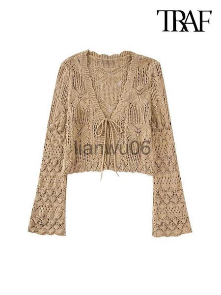 Frauenpullover Traf Women Mode Front gebundene geschnittene Pointelle -Strick -Strickjacke Pullover Vintage gegen Hals Langarm weibliche Oberbekleidung Chic Tops J230718