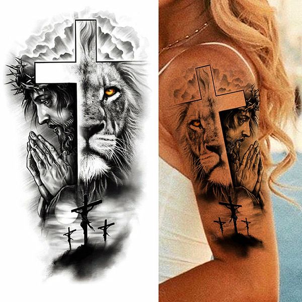 1pc animale leone donna tatuaggi temporanei impermeabili adesivi finti braccio sole arte croce nera Gesù 3D preghiera decorazione di moda