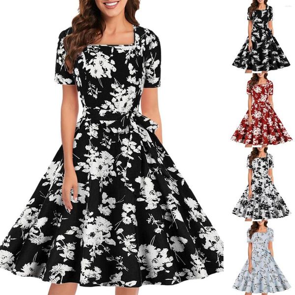 Vestidos casuais Vestido de noiva de verão Estampa floral decote quadrado Manga curta Coquetel vintage para mulheres 2023 Saia de festa