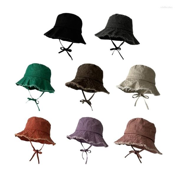 Baskenmütze mit ausgefranstem Rand, Fischerhut mit verstellbarem Kinnseil, UV-Schutz, für Erwachsene und Teenager, breite Krempe