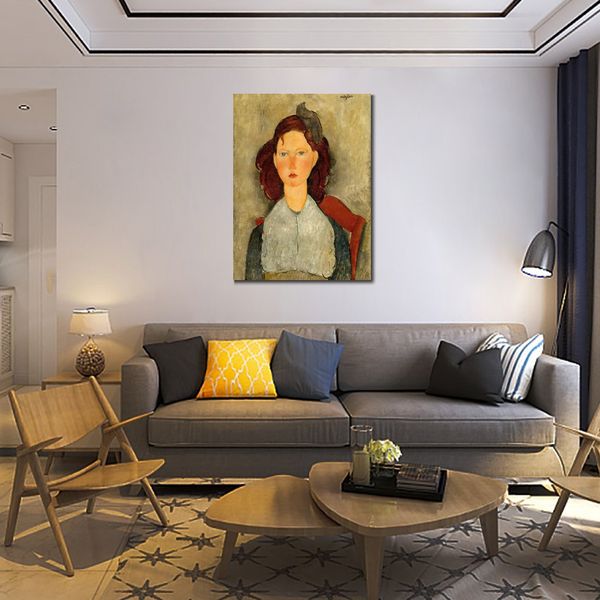 Famoso Retrato Arte em Tela Amedeo Modigliani Pintura Jovem Menina Sentada Feito à Mão Moderno Café Bar Decoração