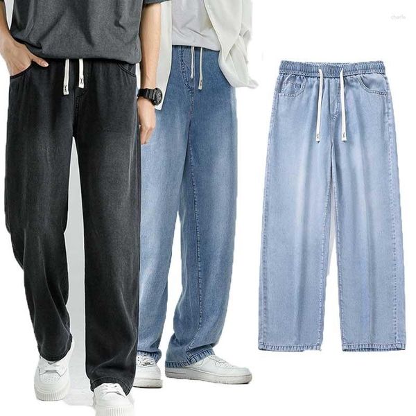 Jeans masculino verão fino lyocell masculino respirável ajuste relaxado marca skate streetwear hip hop desenho elástico cintura calças jeans