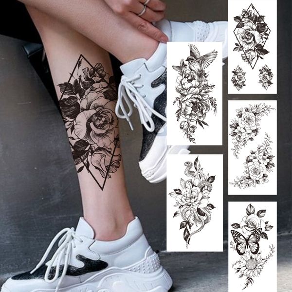 Geometrie Rose Blume Temporäre Tattoos Für Frauen Mädchen Schwarz Schmetterling Vogel Tattoo Aufkleber Gefälschte Pfingstrose Geometrische Körper Kunst Tattos