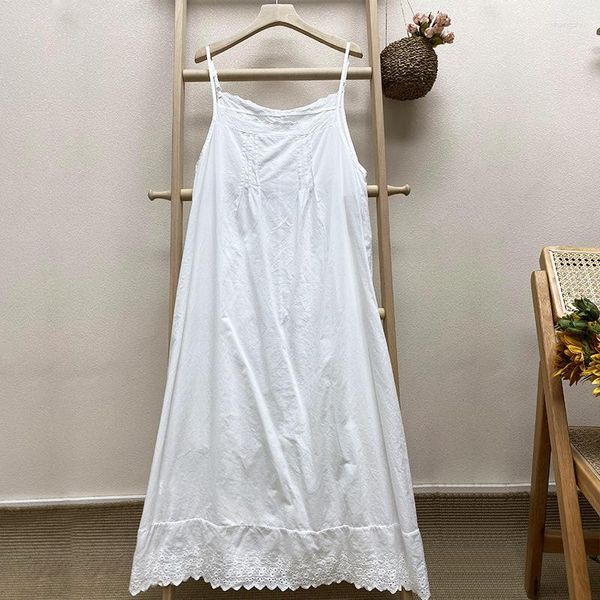 Abiti casual Vintage Sweet Mori Girl Cotton Embroidery Eyelet Loose Midi Dress Summer Edwardian Victorian Spaghetti Strap Tunica lunga