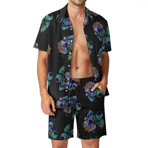 Agasalhos masculinos Conjuntos masculinos coloridos com estampa de caveiras Resumo de caveiras arte Casual Shorts verão retrô Beach Shirt Set manga curta estampado oversized