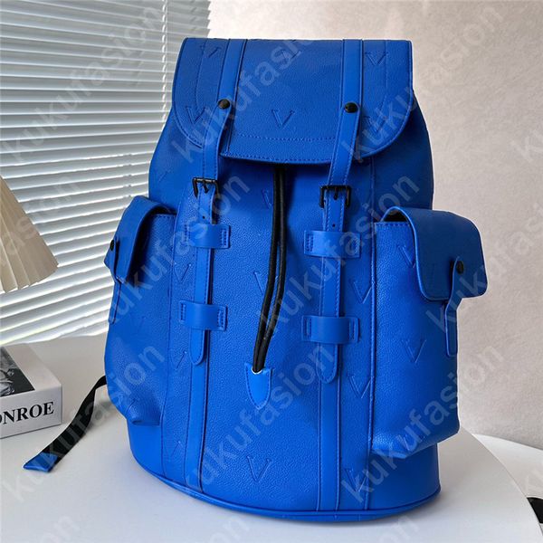 Mochila de design para homens com letras completas CHRISTOPHER Mochila de livro de luxo masculina de couro genuíno Mochila de moda Mochila escolar Mochilas grandes