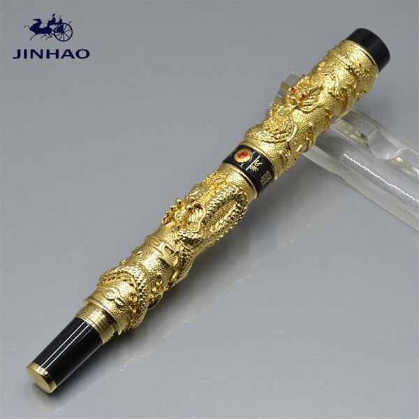 Caneta JINHAO de luxo para gravação em dragão duplo dourado, caneta-tinteiro clássica com material de escritório para escrever tinta de marca suave 327d