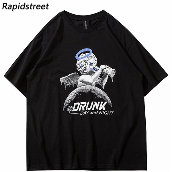 Erkekler Tişörtler Hip Hop Tişört Büyük Boyu Komik Sarhoş Bebek Melek Grafik T-Shirt Street Giyim Erkekler Yaz Tshirt Gevşek Üstler Tees Unisex Siyah 230717