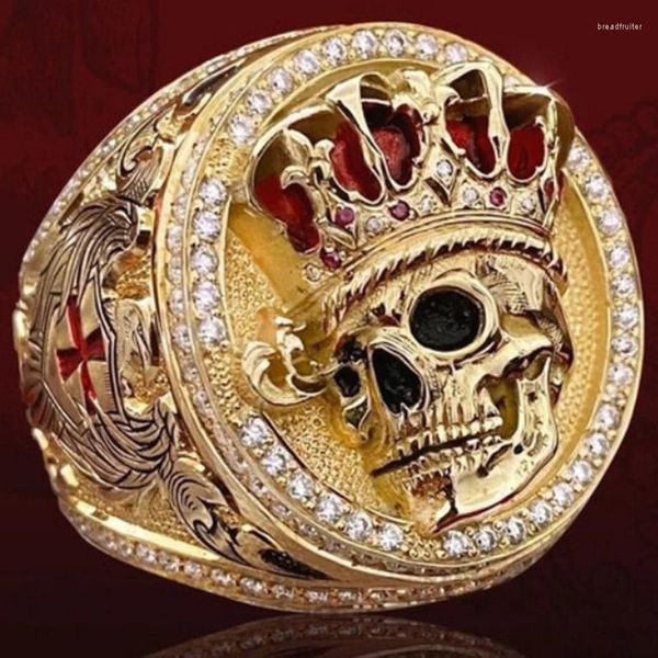 Cluster Rings Personlity 3D Stereo Crown Skull Para Mulheres Homens Hip Hop Cor Dourada Vermelho Zircão Esqueleto Anel De Motociclista Jóias De Festa