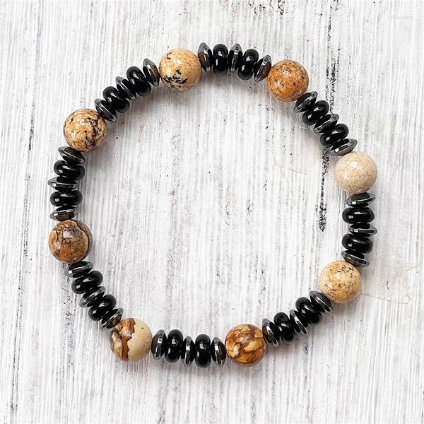 Strang Mode Natürliche Bild Jaspis Armband Flache Perlen Hämatit Schwarz Onyx Armreifen Geschenk Für Männer Handgemachte Yoga Handgelenk Schmuck