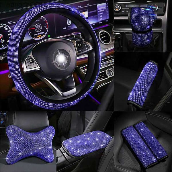 Couvre volant Crystal Blue Diamond Auto Couvre volant de voiture Couvre engrenage de frein à main Ceinture de sécurité Épaule Appui-tête Pad Accessoire intérieur de voiture T230717