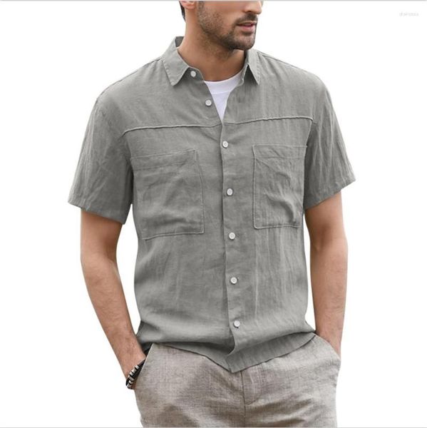 Camicie casual da uomo 2023 Camicia estiva giapponese con bottoni in cotone e lino a maniche corte con due tasche e colletto ad angolo largo