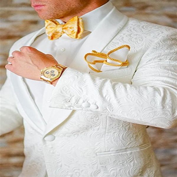 Smoking dello sposo jacquard farfalla bianca in rilievo modello tridimensionale giacca da uomo 2 pezzi abiti abito da sposa panno di promenade3348