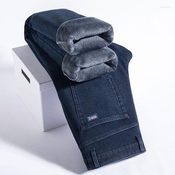 Jeans da uomo in pile dritto a 3 colori da uomo inverno caldo moda casual larghi pantaloni in denim solido stile classico abbigliamento maschile di marca