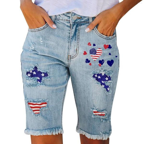 Calça jeans feminina com estampa de bandeira de estrela casual cintura média bolso escovado rasgado jag cordões jeans macacões calças femininas tamanho 20