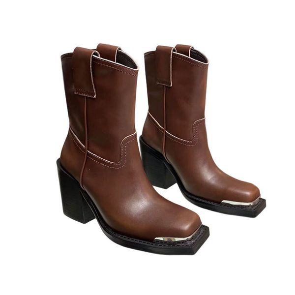 Botas curtas femininas de grife de luxo pretas, brancas, marrons, couro de vaca, botas de salto alto tamanho 35-40