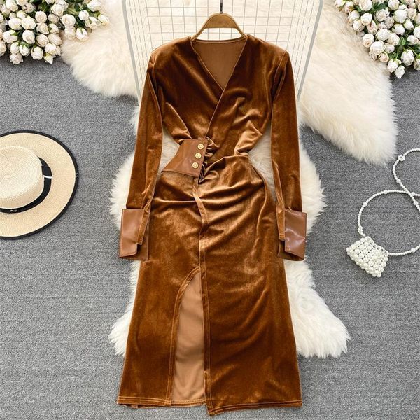 Lässige Kleider 2023 Frühling Herbst Koreanischer Bund V-Ausschnitt Langarm Patchwork Slim Split A-Linie Goldenes Samtkleid Vintage Vestidos Z403