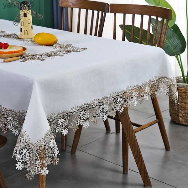 Toalha de Mesa Bordada de Renda Luxo Decorativa Toalha de Mesa de Linho Branco Toalha de Mesa de Café Toalha de Mesa Bordada de Renda L230626