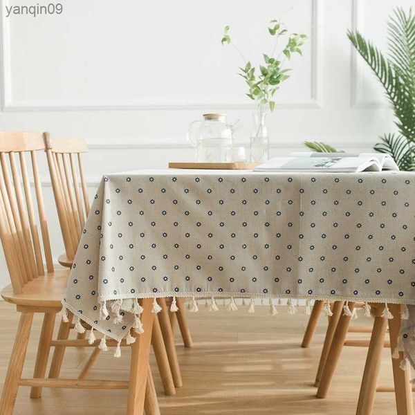 Toalha de Mesa Estampada Margarida Azul Linho Borla Renda Toalha de Mesa Retangular Decoração para Casa Jardim Picinc Tapete L230626