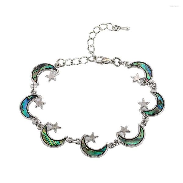 Charm Bracelets Fashion Star Moon Frisado Bracelete Natural Colorido Abalone Shell Escultura Embutido Alloy Base Fecho De Lagosta Jóias