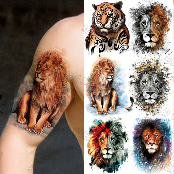 Tamanho Grande 3D Aquarela Leão Tatuagens Temporárias Para Homens Adultos Tigre Realista Adesivo De Tatuagem Falsa Transferência Arte Corporal Do Braço