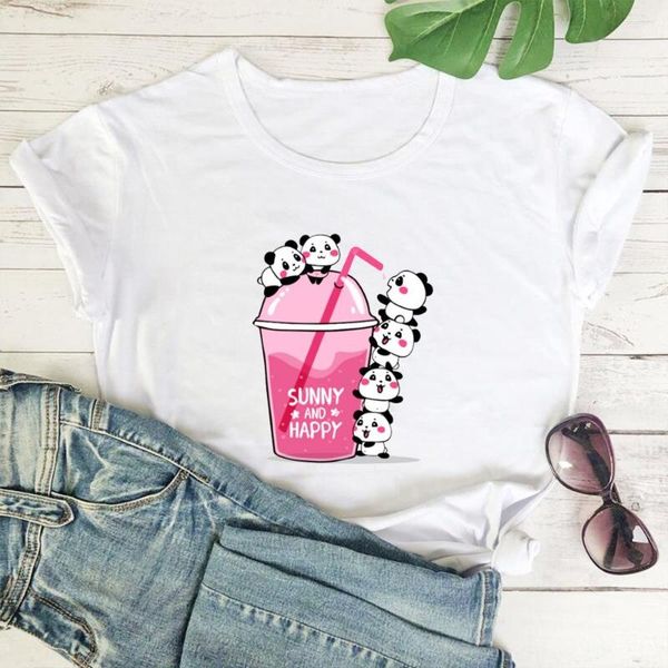 Camisetas femininas femininas com estampa de panda fofo camisetas simples e versáteis de manga curta camiseta solta top ensolarado e feliz alfabeto