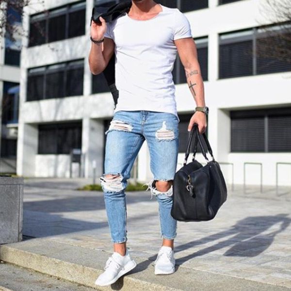 Jeans da uomo Pantaloni autunnali da uomo Moda Urban Skinny Vita media Pantaloni in denim Streetwear Matita strappata