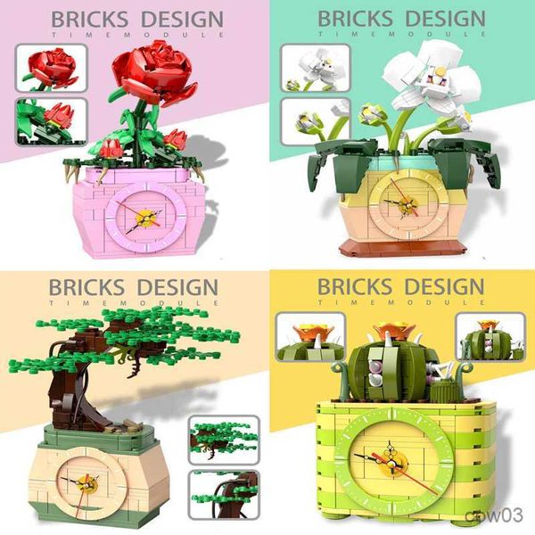 Blöcke DIY Bonsai Pflanze Blume Baustein Simulation Uhr Modul Rose Orchidee Kaktus Topf Modell Montage Ziegel Kinderspielzeug R230718