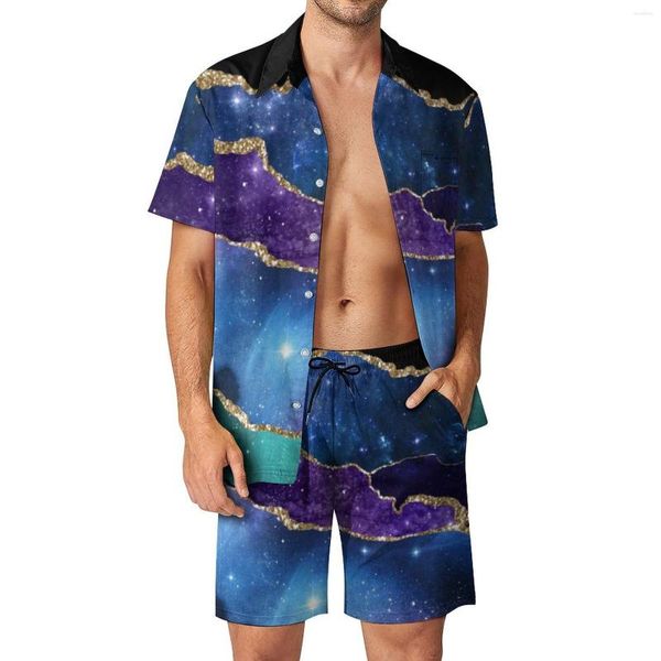 Tute da uomo Purple Teal Gold Glitter Marmo Set da uomo Elegante Galaxy Fashion Camicia casual Set manica corta Pantaloncini da spiaggia Plus