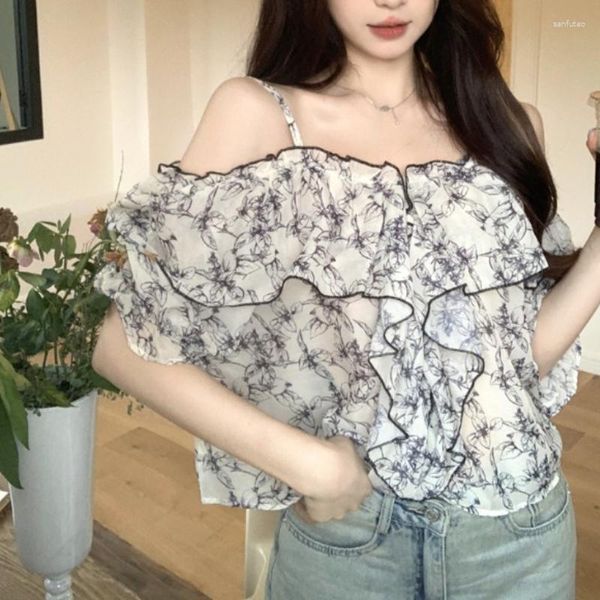 Damenblusen Tinomiswa Rüschen Floral bedrucktes Hemd Frauen Ankunft Slash Neck Kurzarmbluse weiblich lässig Vintage Chic Tops Blusas