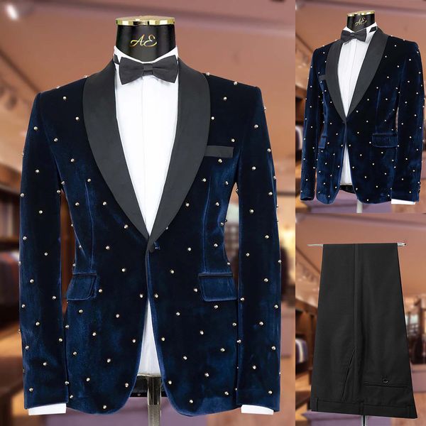 Herren-Hochzeits-Smoking mit goldenen Perlen, 2-teilig, maßgeschneidert, mit spitzem Revers, Outfits, Bräutigam, schwarze Hosen-Sets