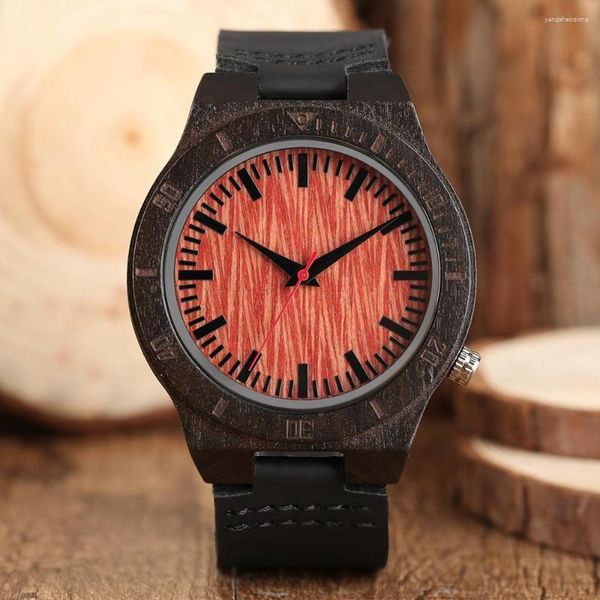 Нарученные часы Ebony Wood Red Rected Ripple Ripple узорчатые кварцевые мужские часы 12-часовые масштабируйте естественные стильные кожаные кожа мужского бытового часа