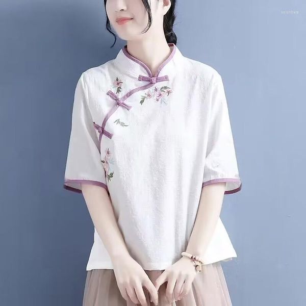 T-shirt da donna Camicia a maniche corte ricamata in stile cinese Camicia da donna in cotone con colletto alla coreana Abbigliamento da donna casual vintage Hanfu Top