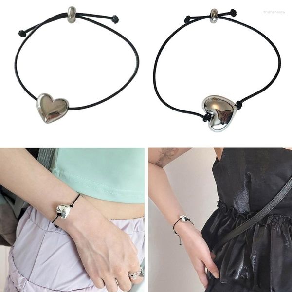 Charm Bracelets Simple Heart Bracelet Pull Cord For Casual Wear Drawstring Hand Chain Retro Jewelry Women