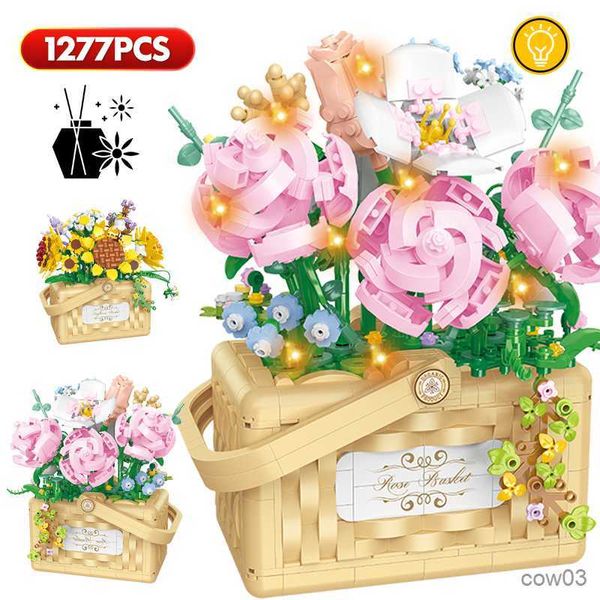 Blocos 1295 pçs Cidade Mini Bouquet Rosa Girassol Flor Cesta Blocos de Construção Luzes LED Decoração Tijolos Brinquedos Para Crianças Meninas Presente R230718