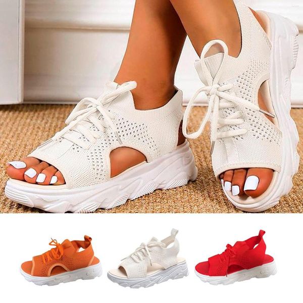 Sandalen Sommer Frauen Mesh lässige weiße dicke, Schnürung Open Toe Toe Beach Schuhe