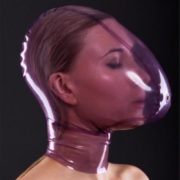 Handgefertigte transparente Latexmaske mit Atemkontrollloch, sexy Kapuze aus hochwertigem Naturlatex, Maske mit Reißverschluss hinten, 205 g