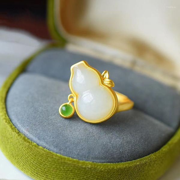 Küme halkaları doğal hetian jade kabak jasper küçük kolye açılış ayarlanabilir bayanlar yüzüğü Çin tarzı retro cazibesi gümüş takı