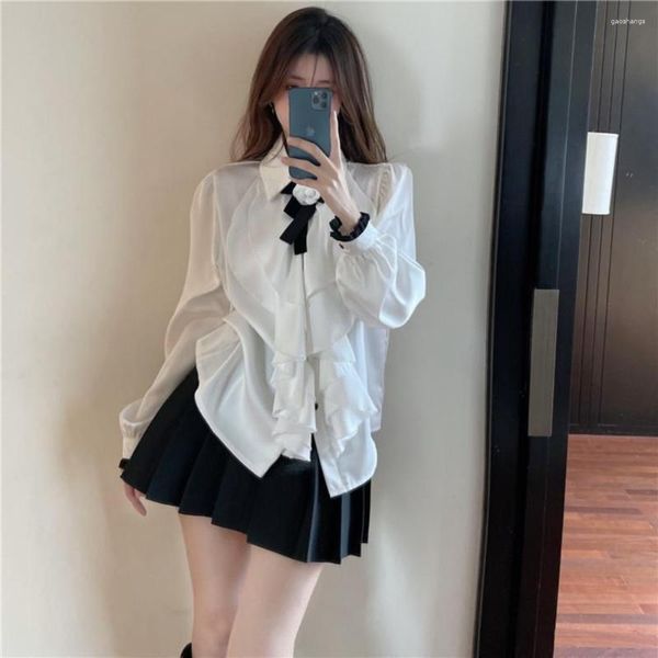 Blusas Femininas Moda Coreana Camisa Chiffon Feminina Harajuku Streetwear Ruffler Manga Puff Laço Solto Blusa Sweet Woman Y2k