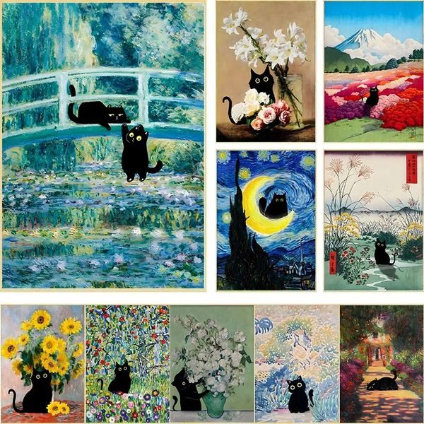Dipinto su tela Divertente gatto nero Monet Van Gogh Gustav Capolavoro d'arte Pittore di fama mondiale Poster Wall Art Home Living Room Decor w06