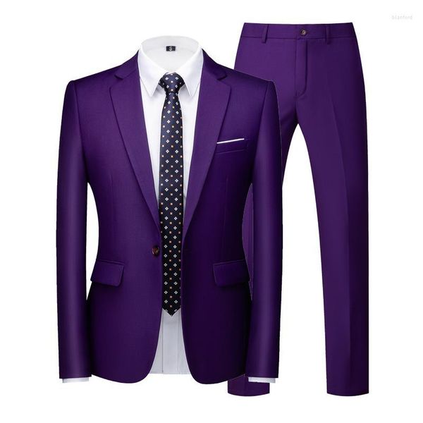 Ternos masculinos de duas peças, ajuste fino, para formaturas de casamento, padrinhos, calça social roxa, smoking, jaqueta