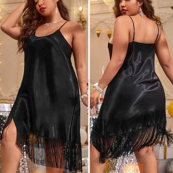 Seksi pijamalar büyük boy 3xl-5xl Nightgown ile püskül siyah bayan sleepdress spagetti kayış nightwear seksi kimyasal pijama saten iç çamaşırı 230718