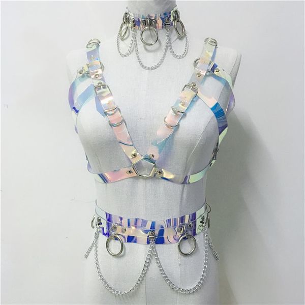 Trajes sensuais gótico feito à mão holográfico PVC conjunto de 3 peças feminino colarinho gargantilha sexy crop top elo corrente cinto rave festival ma303n