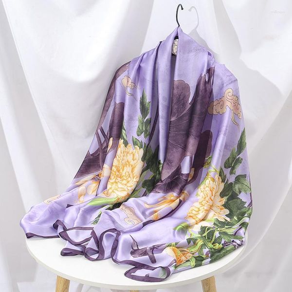 Sciarpe 180 90cm Sciarpa floreale in seta Scialli Donne musulmane Stampato Hijab Foulard Bandana femminile Stampa Stole in raso Foulard Hijab