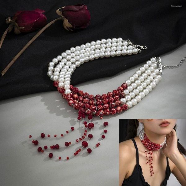 Catene Gioielli di Halloween Collana di perle di sangue Imitazione Girocolli con nappe a goccia multistrato