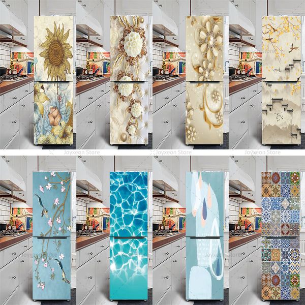 Наклейки на стенах ретро -цветочный холодильник Светло -голубой фон виниловой ПВХ водонепроницаемый самостоятельный плакат Декоративные 230717
