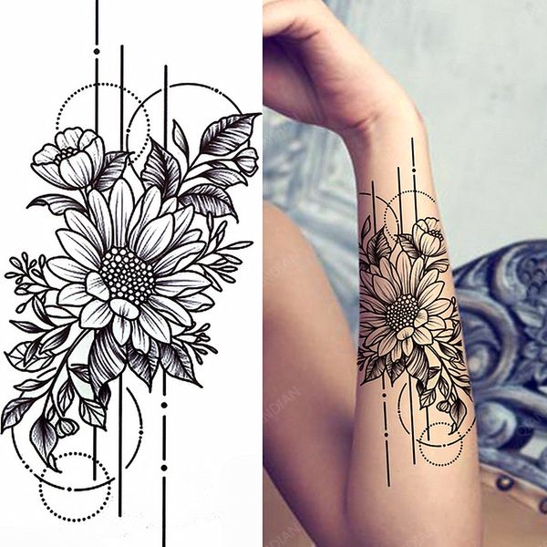 1pc fiore foglie girasole donne signora tatuaggi temporanei impermeabili corpo finto braccio avambraccio arte fredda grandi petali neri sexy